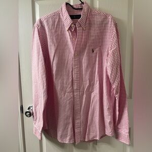 Ralph Lauren Men's L Classic Fit Gingham Pink and White Pony Logo Button Up